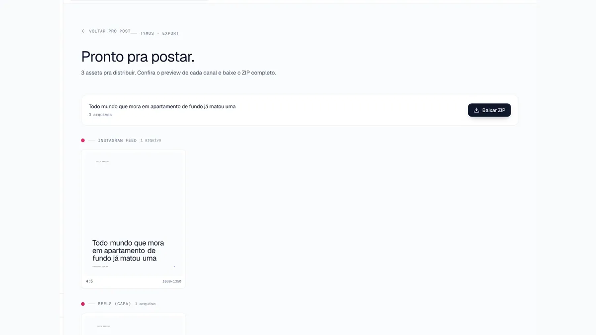 Tela de exportação com as artes separadas por formato de canal