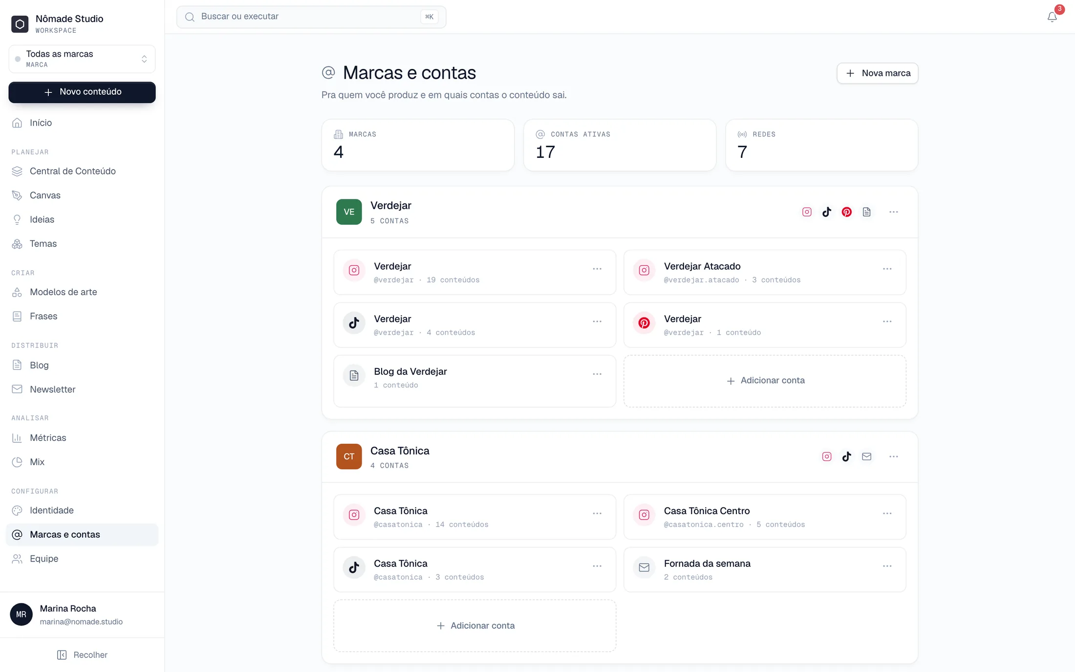 Marcas e contas do workspace, cada marca com as contas de rede social e o blog embaixo